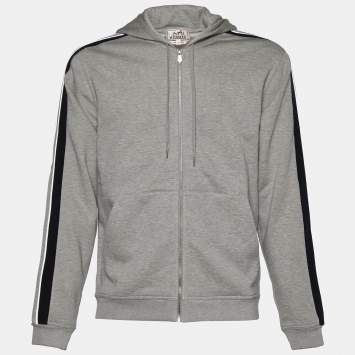 Pre Owned Hermes Grey Cotton Run H Zipped Hooded Sweatshirt L