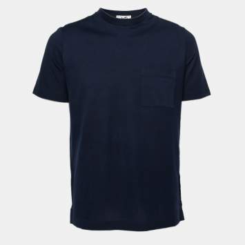 Pre Owned Hermes Navy Blue Cotton Pocket Detail V-Neck T-Shirt M