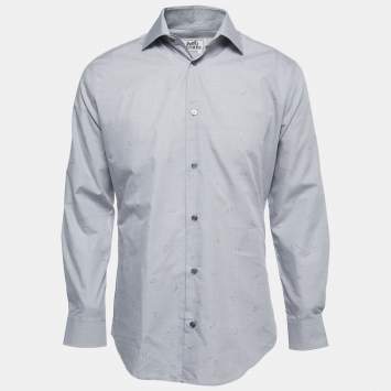 Pre Owned Hermes Grey Horse Patterned Cotton Button Front Shirt M