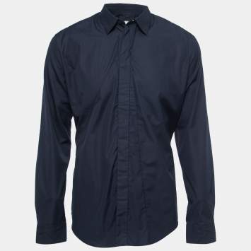 Pre Owned Hermes Navy Blue Poplin Origami Detail Button Front Shirt L