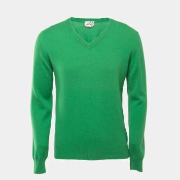 Pre Owned Hermes Green Cashmere V-Neck Sweater S