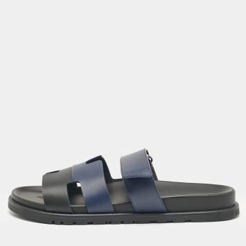 Pre Owned Hermès Navy Blue/Black Leather Chypre Sandals Size 42
