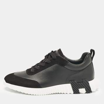 Pre Owned Hermes Black Leather and Suede Bouncing Sneakers Size 43