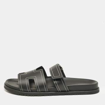 Pre Owned Hermes Black Leather Chypre Sandals Size 46