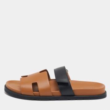 Pre Owned Hermes Black/Brown Leather Chypre Sandals Size 44