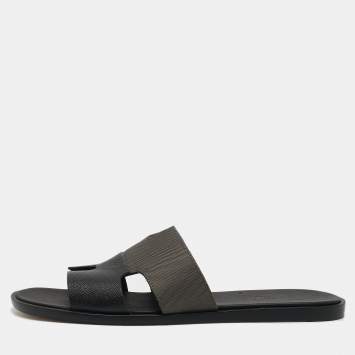 Pre Owned Hermes Black/Green Canvas and Leather Izmir Slide Sandals Size 44