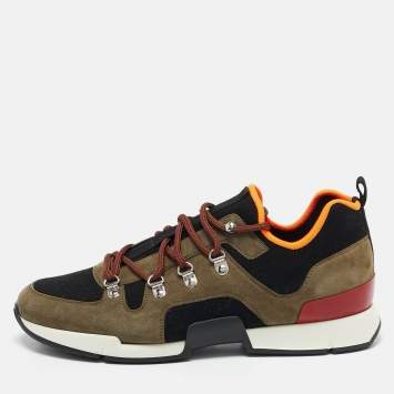 Pre Owned Hermes Green/Black Fabric and Suede Defi Low Top Sneakers Size 42