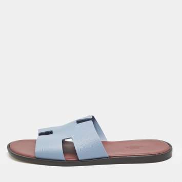 Hermes Blue Leather Izmir Flat Sandals Size 44.5