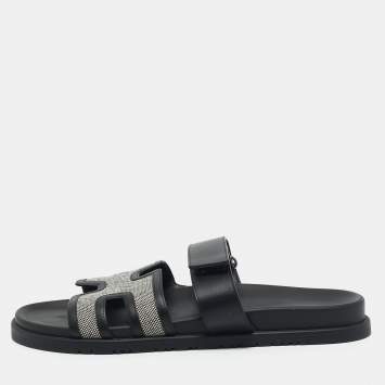 Hermes Black/White Leather and Canvas H Maxi Chypre Flat Sandals Size 45.5