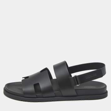 Hermes Black Leather Genius Flat Sandals Size 46