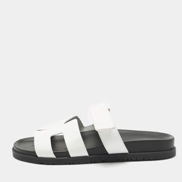 Pre Owned Hermes White Leather Chypre Slide Sandals Size 41