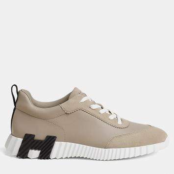 Pre Owned Hermes Bouncing Size 43 Beige Galet Calfskin and Suede Goatskin Sneakers