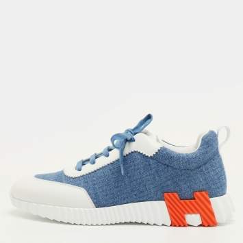 Pre Owned حذاء رياضي هيرمس دينم وجلد أزرق/أبيض بونسنج مقاس 42