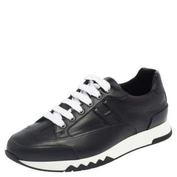 Hermes Black Leather Addict Low Top Sneakers Size 41.5