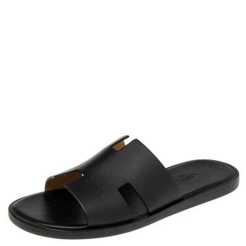 Hermes Black Leather Izmir Flat Sandals 40