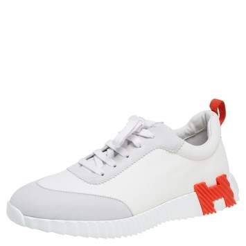 Hermes White Suede and Fabric Bouncing Sneakers Size 46