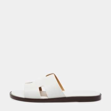 Pre Owned Hermes White Leather Izmir Slide Flats Size 42