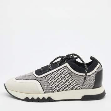 Pre Owned Hermes White/Black Suede and Knit Fabric Addict Low Top Sneakers Size 41