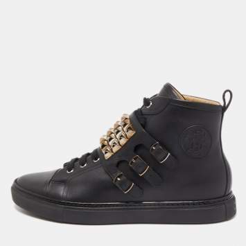 Pre Owned Hermes Black Leather Studded Lennox High Top Sneakers Size 43.5