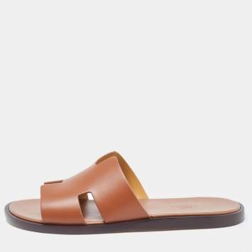 Pre Owned Hermes Brown Leather Izmir Flat Slides Size 42