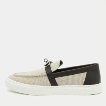 Pre Owned Hermes Grey/Black Canvas and Leather Game Sneakers Size 41.5