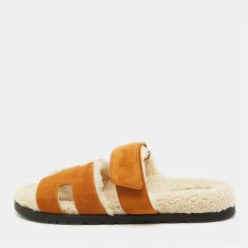 Pre Owned Hermes Tan Suede and Shearling Fur Lined Chypre Sandals Size 41.5