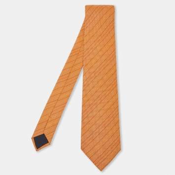Pre Owned Hermes Orange Diagonal Stripe Pattern Silk Classic Tie