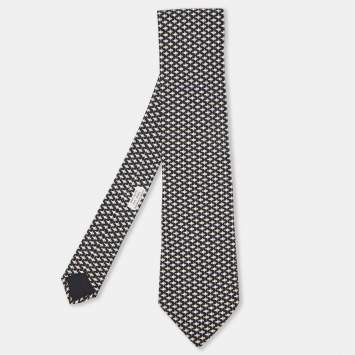 Pre Owned Hermes Black Fish Print Silk Traditional Tie