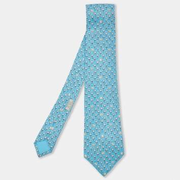 Pre Owned Hermès Blue Palm Trees & Elephant Print Silk Traditional Tie