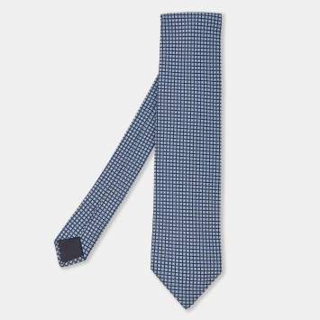 Pre Owned Hermès Dark Blue Dotted Check Pattern Silk Traditional Tie