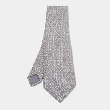 Pre Owned Hermès Grey Printed Silk Twill Traditional Tie