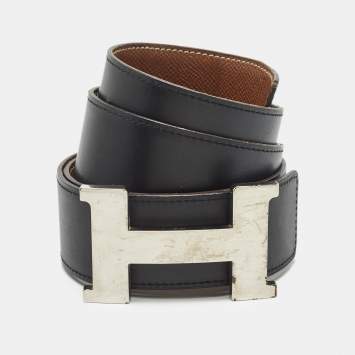 Pre Owned Hermes Black/Gold Swift and Epsom Leather Constance H Reversible Belt 95CM