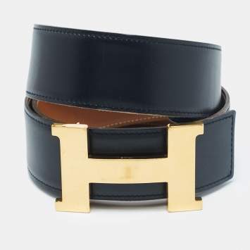 Pre Owned Hermes Noir/Natural Chamonix and Swift Leather Constance Reversible Belt 90 CM