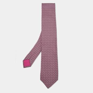 Pre Owned Hermes Purple/Grey H Logo Print Silk Classic Tie