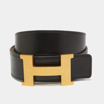 Pre Owned Hermes Noir/Gold Chamonix and Box Leather Constance Reversible Belt 95 CM