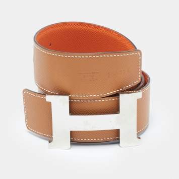 Pre Owned Hermes Gold/Orange Epsom Leather Constance Reversible Belt 85 CM