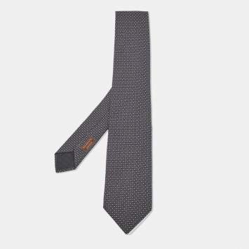 Pre Owned Hermes Navy Blue H Pattern Silk Tie 