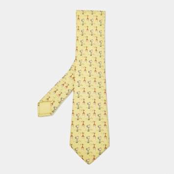 Pre Owned Hermes Yellow Rooster Print Silk Tie 