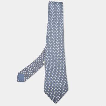 Pre Owned Hermes Blue Origami Chicken Print Silk Tie