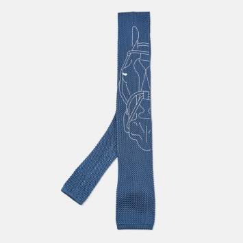 Pre Owned Hermes Blue Silk Knit Tete-A-Tete Equestre Tie