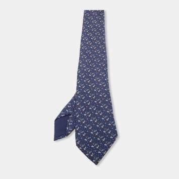 Pre Owned Hermes Navy Blue Space Print Silk Tie