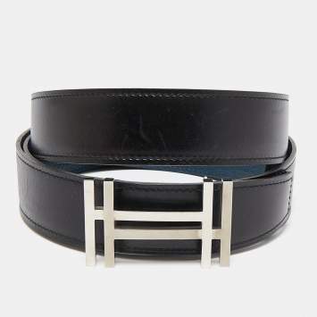 Pre Owned Hermes Noir/Bleu De Prusse Chamonix and Togo Leather H Au Carre Reversible Belt 100 CM