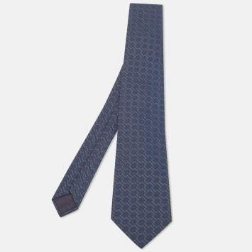 Pre Owned Hermes Navy Blue Patterned Silk Tie