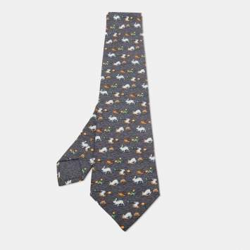 Pre Owned Hermes Grey Rabbit Print Silk Classic Tie