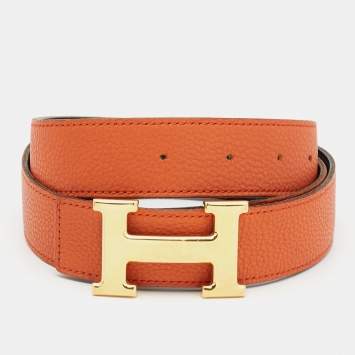 Pre Owned Hermès Orange/Noir Togo and Chamonix Leather H Buckle Reversible Belt 105 CM