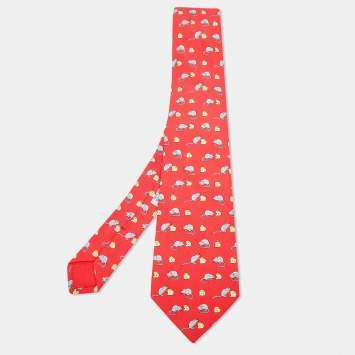 Pre Owned Hermès Red Mouse and Cheese Print Silk Classic Tie