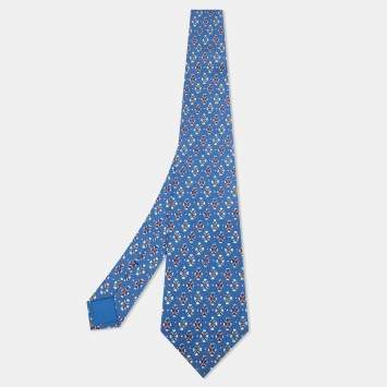 Pre Owned Hermès Blue Printed Silk Classic Tie