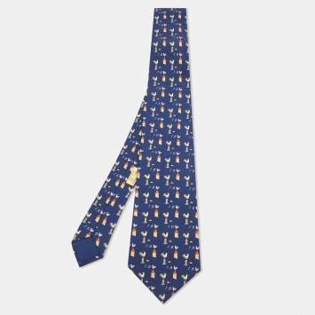 Pre Owned Hermès Blue Rooster Clock Print Silk Classic Tie