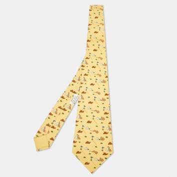 Pre Owned Hermès Yellow Turtle & Hare Print Silk Tie