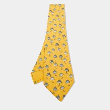 Hermès Orange Umbrella Print Silk Tie